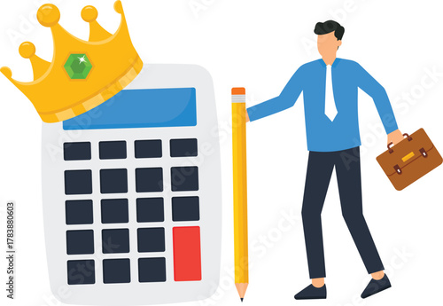Businessman with calculator and crown symbolizing financial king premium accounting services budget management tax calculation business success investment strategy market analysis expert accountant