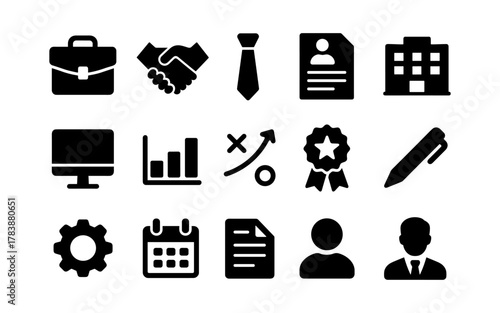 Business icon set featuring office, communication, and analytical symbols