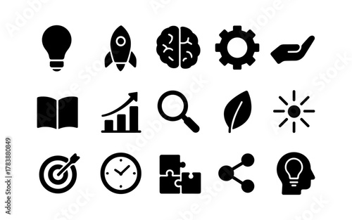 Set of black business and innovation icons in silhouette style