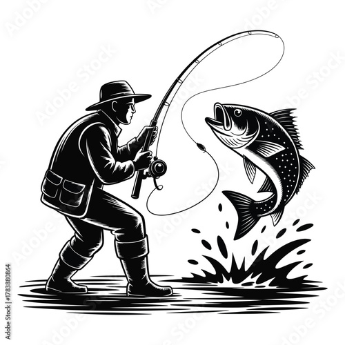 Fisherman catching big fish illustration with fishing rod in action
