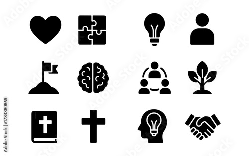 Minimalist icons: heart, puzzle, lightbulb, people, and more for diverse applications