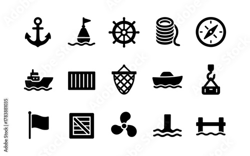 Nautical icon set: marine symbols and tools in bold silhouette style
