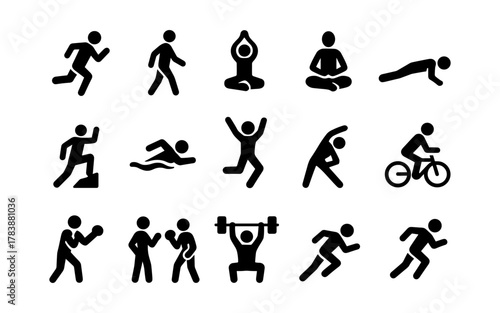 Collection of silhouette icons depicting various fitness activities and exercises