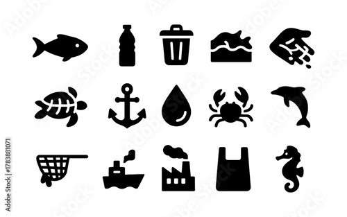 Silhouette icons of marine life and pollution awareness