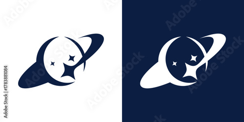 Planet Star Orbit Logo .  A dual-meaning design combining a planet and star, symbolizing exploration, discovery, and cosmic harmony.