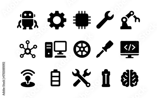 Technology and engineering icon set featuring tools and robotics elements