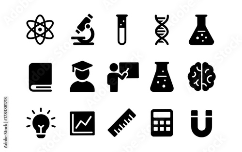 Science and education symbols set featuring chemistry, biology, and physics icons