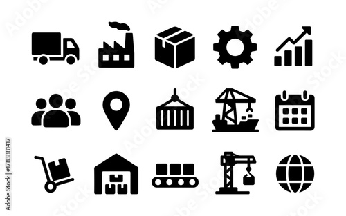 Industrial and logistics icons set featuring flat black silhouettes