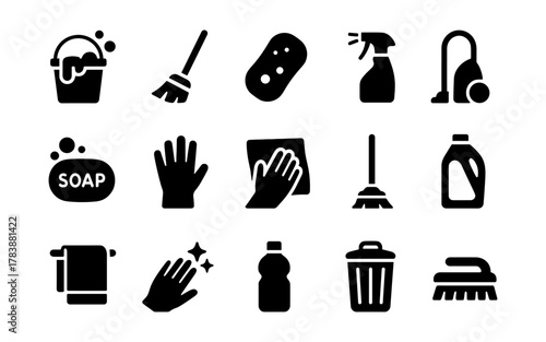 Cleaning tools silhouette set: icons for household and sanitation needs