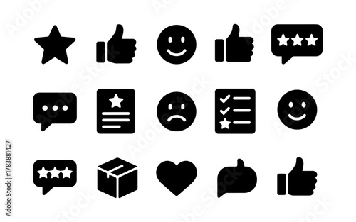 Simple black icons for reviews and feedback with stars and smiley faces