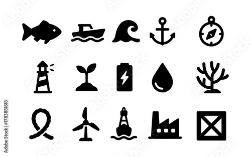 Nautical and nature icons collection in flat black silhouette style