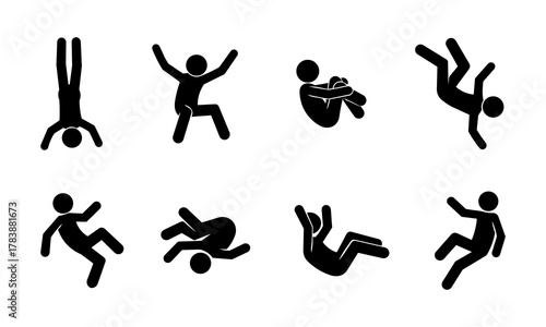 Falling People Silhouette Icons – Black Vector Set of Stick Figures in Various Falling and Tumbling Poses for Safety, Warning Signs, and Motion Design Projects.