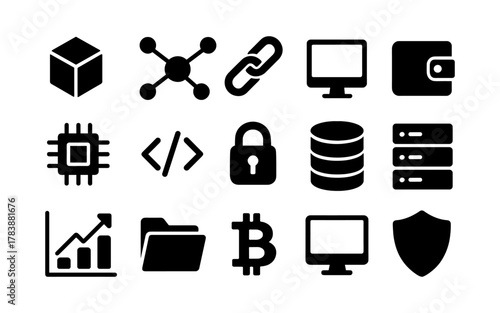 Minimalist technology and security icons set featuring blockchain, cryptocurrency, and data concepts
