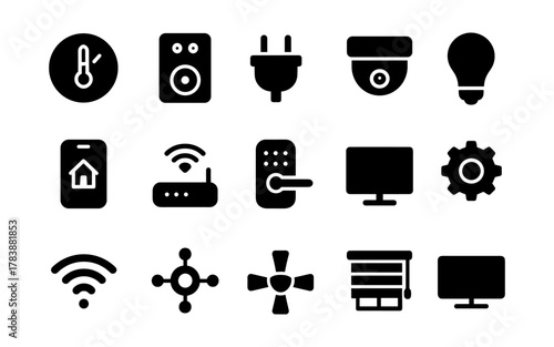 Smart home technology icons set featuring gadgets and energy management in silhouette style