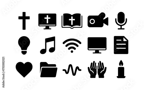 Church media icons set: silhouettes of cross, bible, music, and technology symbols