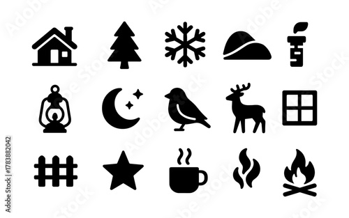 Winter silhouette icons: festive home, nature, and cozy elements collection