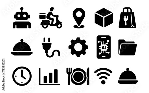 Modern icons set: delivery, technology, and dining essentials in bold silhouette style