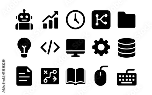 Tech icons set: minimalist black silhouettes for digital interfaces and platforms