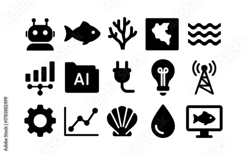 Black flat icons collection featuring technology, nature, and nautical elements