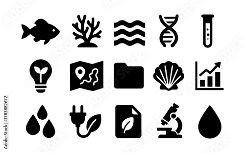 Black silhouette icons of science, environment, and nature elements set