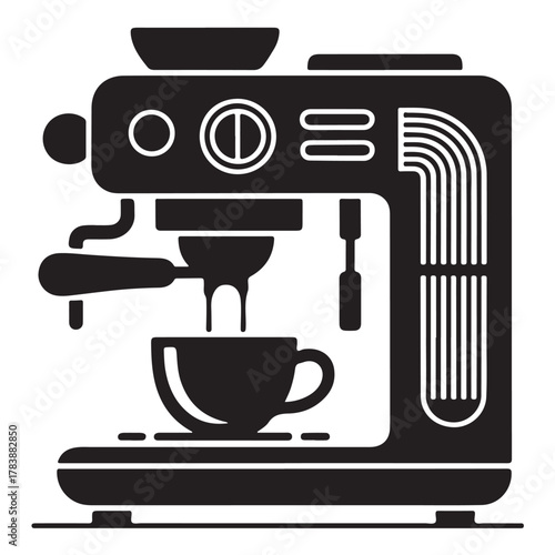 A black and white illustration of an espresso machine pouring coffee into a cup isolated on white background