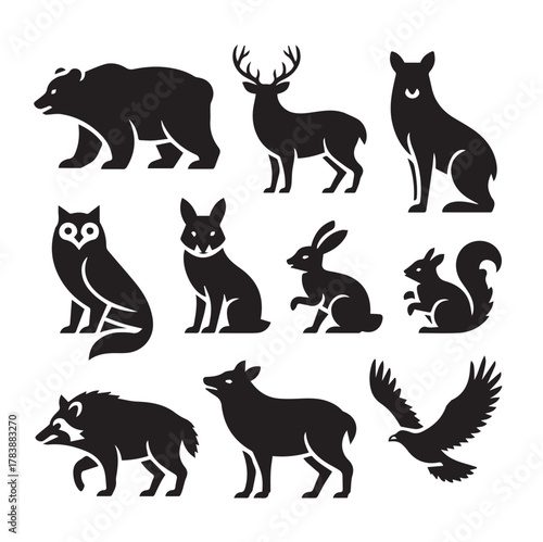 Black Silhouettes of Forest Animals Set - Vector Wildlife Icons including Bear, Deer, Owl, Rabbit, and Eagle