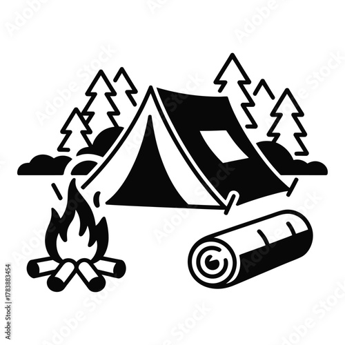 Iconic campsite illustration showcasing tent campfire trees and sleeping bag