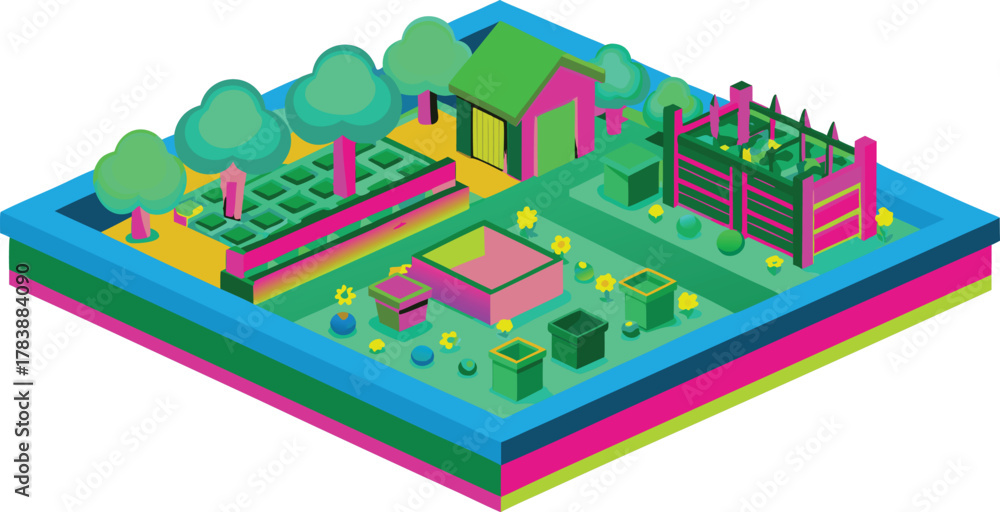Fototapeta premium Isometric Vector Garden Scene Illustration with Shed Trees Flowers and Raised Garden Beds in a Colorful Design Style - Perfect for Garden Design Projects