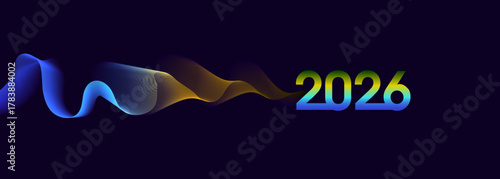 2026 Banner with Abstract Flowing Wave Background, for corporate presentations, business calendars, web headers, digital banners, and futuristic event invitations for the New Year celebration.
