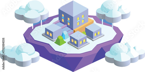 Isometric Cityscape Vector Illustration with Buildings Trees and Green Space on a Purple Platform - Modern Urban Design and Colorful Architectural Concept