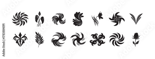Spiral swirl motion energy texture logo abstract geomatic shape botanical outline flower decorative icon company business set symbol vintage circle leaf fire water bird wing retro vector illustration.