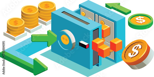 Isometric Safe Box with Dollar Coins and Arrow Flow Vector Illustration of Financial Security and Investment Growth Banking and Money Management Concept
