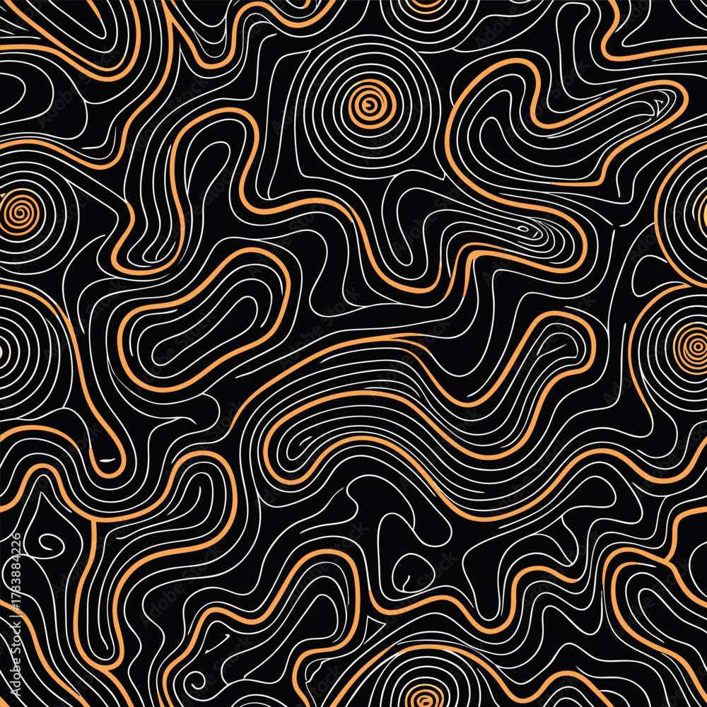 Obraz premium Abstract wavy contour line pattern, black background with flowing orange and white lines, modern minimal topographic texture
