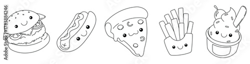 Colouring pages Hand drawn Kawaii. Pizza Slice Line Art Set of pizza sticker kawaii
 vector Illustration.