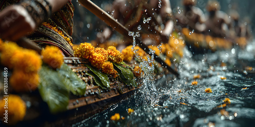 Traditional Vallamkali boat race during the auspicious festival of Onam celebrations decorated with marigold flowers and leaves