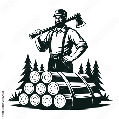 Lumberjack with Axe and Pile of Logs in Forest Illustration