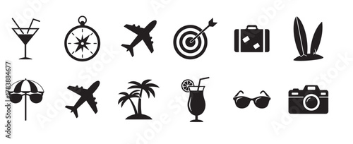 Black summer vacation and beach holiday icon set including sun, drink, flip-flops, starfish, sunglasses, and travel symbols, vector illustration.
