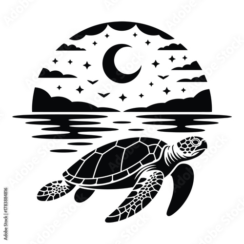 Majestic Sea Turtle Swimming Under a Starry Night Sky Graphic