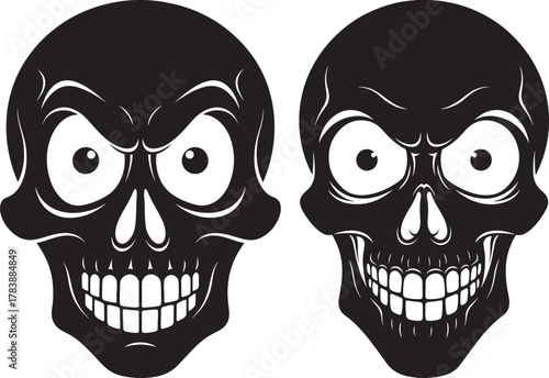 Two spooky black skull silhouettes with wide eyes and grinning teeth