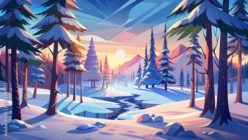Very beautiful dreamy winter landscape in Lapland with snow-covered ground, sunlight shining softly through the trees, tall majestic pines surrounding the scene, and a serene realistic Nordic atmosphe