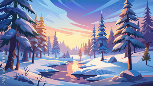 Very beautiful dreamy winter landscape in Lapland with snow-covered ground, sunlight shining softly through the trees, tall majestic pines surrounding the scene, and a serene realistic Nordic atmosphe