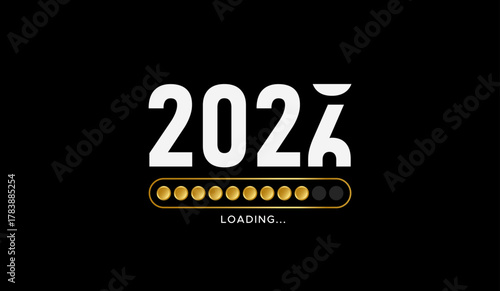 2025 to 2026 transition vector illustration with gold circular progress bar and digital countdown design on black background for New Year celebrations, festive greetings