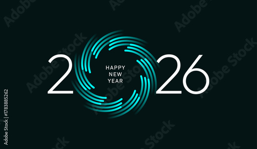 2026 Happy New Year vector illustration with futuristic fibre optic lines and glowing turquoise blue circular swirl on dark background for technology, innovation, and digital celebration themes