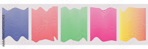 Colorful wavy line abstract pattern vector set — blue, red, green, pink, and yellow flowing stripe distortion background design, modern optical illusion vector art, minimal decorative wave lines