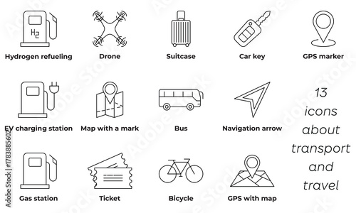 Transport and travel outline icon set. Can be used for any platform action promotion and advertising mockup. Isolated symbol sign used for: mobile, app, design, web, dev, ui, ux, gui. EPS 10.