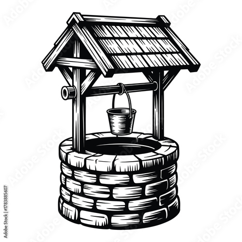Old stone water well with bucket in vintage style vector illustration