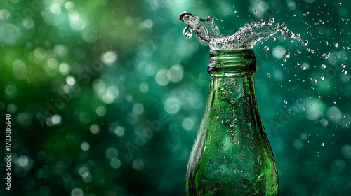 Closeup of a green bottle with water splashing out against green background