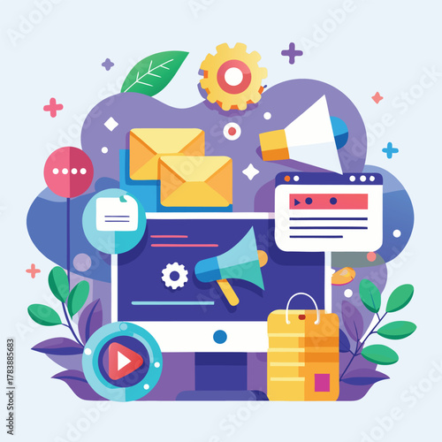 Flat design concept with a vector set of business, technology, social media, and web icons for internet and mobile application use