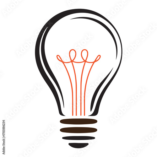 A simple light bulb with an orange filament isolated on white background is a symbol of innovation and creativity