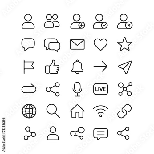 Social Media icon set collection in outline style, scalable for multiple platforms. Including icons like chat, photo sharing, video streaming, news feed, community, comment, and connect